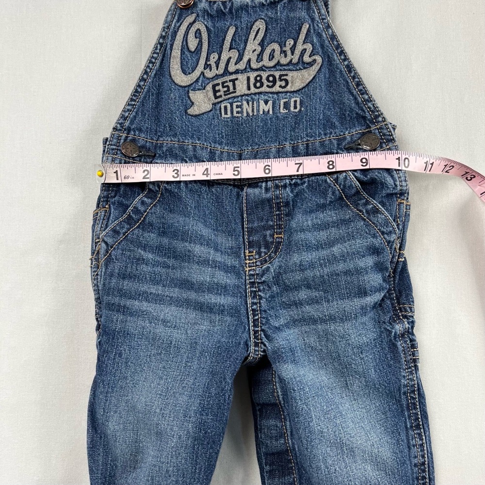 OshKosh Bib Overalls 12 months Blue Denim Pockets Embroidered Snap Up - Picture 6 of 15